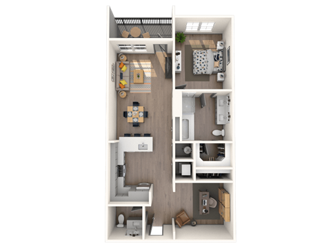 Floor plan for 1 bed, 1.5 baths, 955 sqft